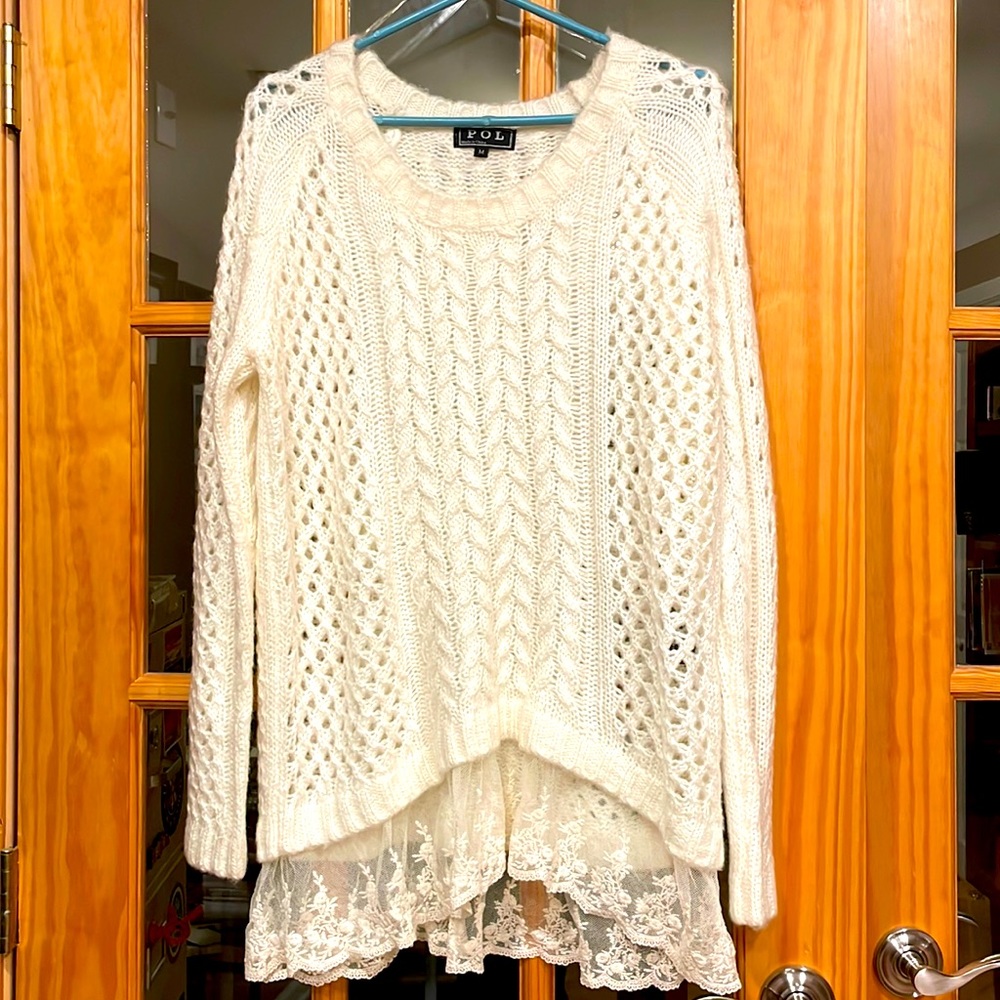 POL Lightweight Open Weave Sweater in Cream w/ lace underneath! nWOT